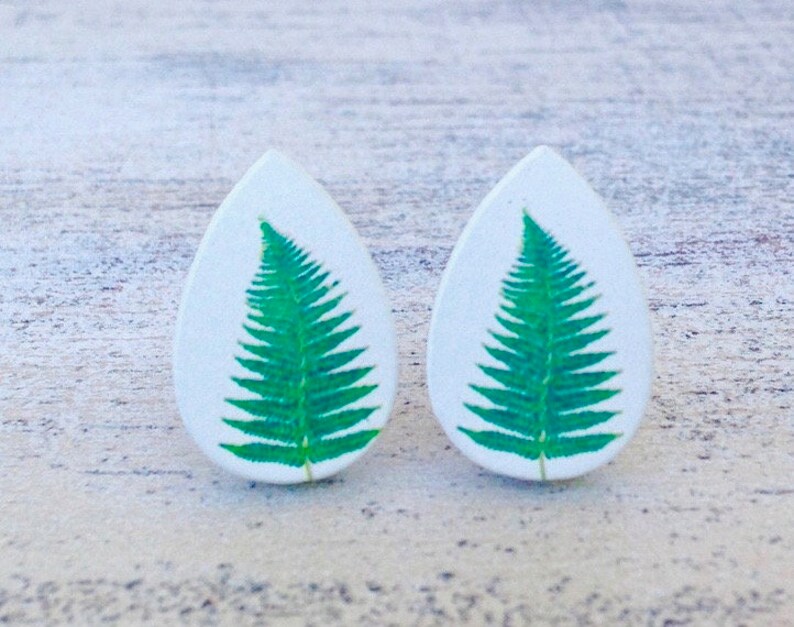 Teardrop Forest Fern Wood Plant Leaf Stud Earrings image 1