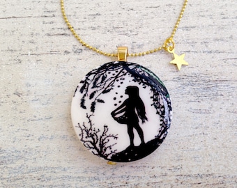 wooden pendant necklace fairy tale maid with stars pendant papercut girl Handmade Grimm paper cutting