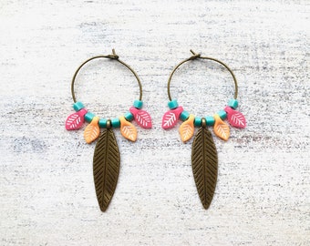 Autumn leaf creole earrings orange pink