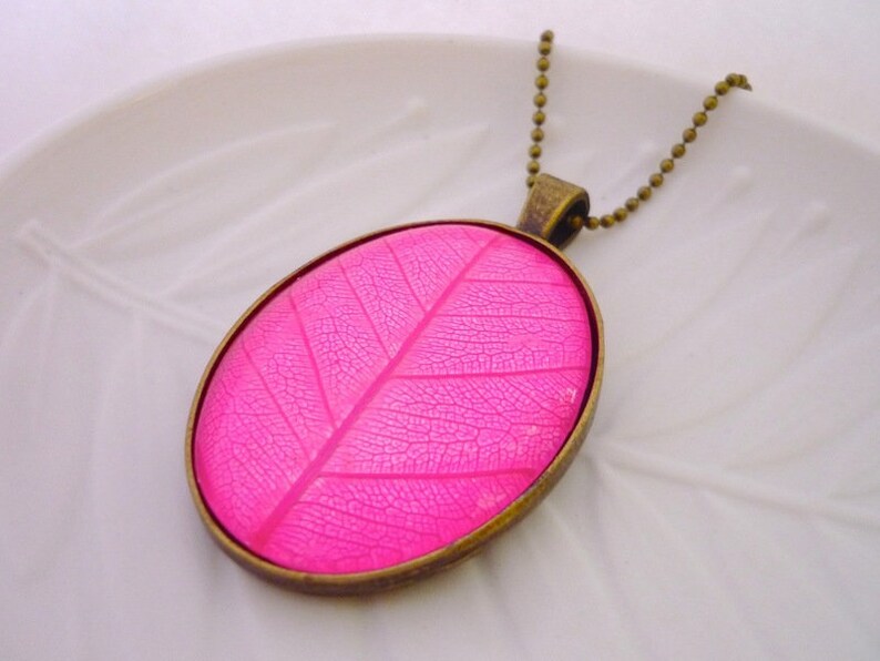 Pink Large Glass Brass Leaf Necklace image 2