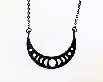 Crescent Moon Moonphase Pendant BoHo Chain Necklace Mystic Black Matte Black