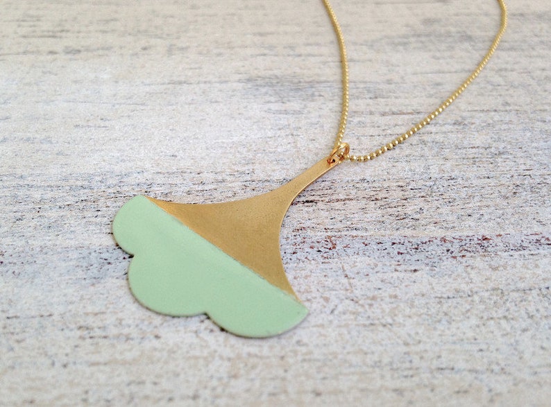 Gingko brass leaf on chain pastel mint image 2