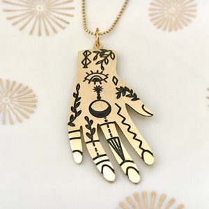 Mystical Hand Moon Eye Star Brass Black Chain Necklace