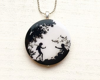 Paper cut elf nostalgia tree filigree romance reunion wood pendant chain necklace black and white fairy tale