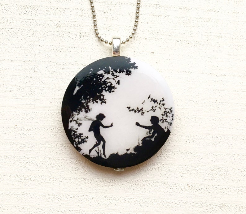 Paper cut elf nostalgia tree filigree romance reunion wood pendant chain necklace black and white fairy tale image 1