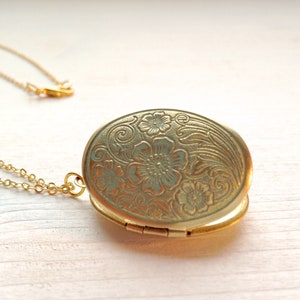 raw brass mint handmade floral locket patina necklace image 3