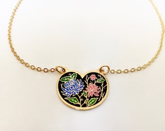 Filigree nostalgia vintage enamel Japan flower brass heart chain necklace