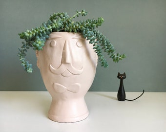 NEW and BIG! Bobby Head Flowerpot Face Plant Head Figure Head Beard Schnauzer Mustache Vase Planter ALMOND