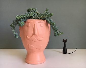 NEW and BIG! Bobby Head Flowerpot Face Plant Head Figure Head Beard Schnauzer Mustache Vase Planter ALMOND