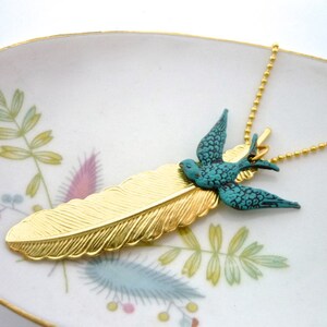 Brass feather patina swallow chain image 4