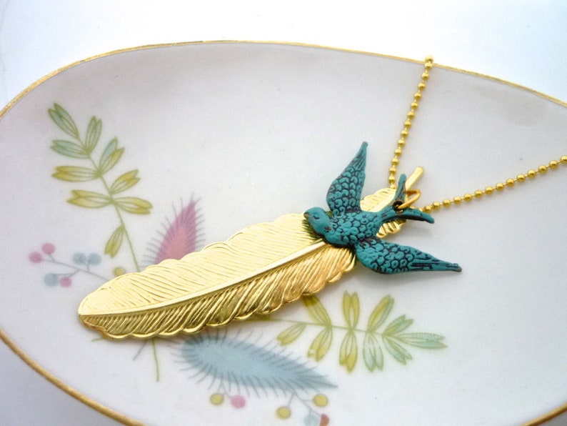 Brass feather patina swallow chain image 4