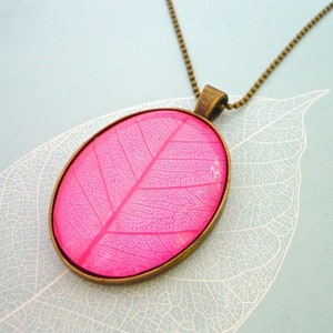 Pink Large Glass Brass Leaf Necklace image 1