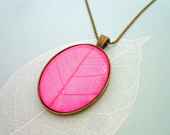 Pink Large Glass Brass Leaf Necklace