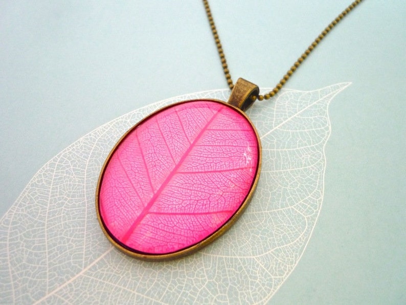 Pink Large Glass Brass Leaf Necklace image 1