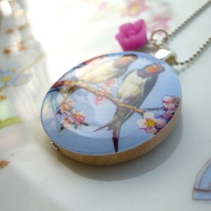 Swallows Couple Blossom Branch Wood Pendant Necklace image 3