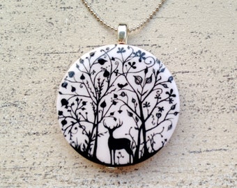 Paper cut deer in paradise wooden pendant necklace