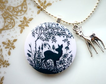 wood pendant deer charm Papercut bambi necklace fairy tale forest wood handmade