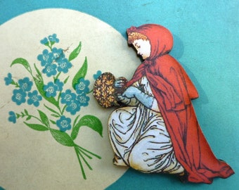 Little red riding hood brooch fairy tale wooden