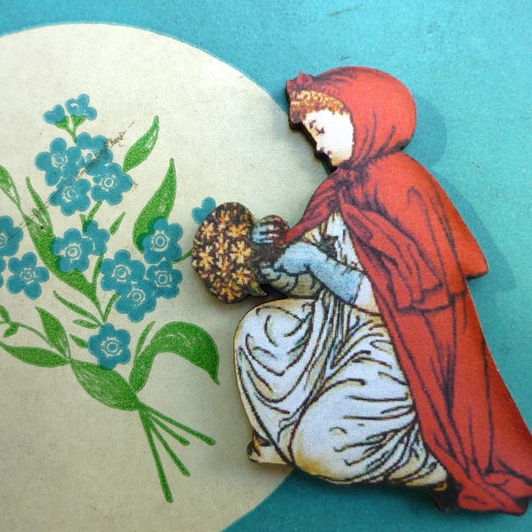 Little red riding hood brooch fairy tale wooden