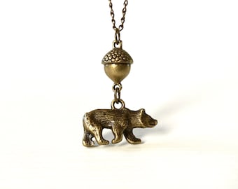 Bear Acorn Fall Winter Brass Necklace