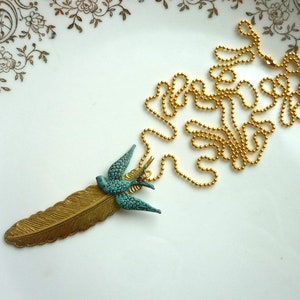 Brass feather patina swallow chain image 3