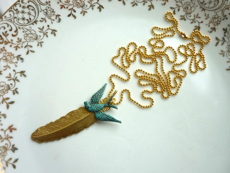 Brass feather patina swallow chain image 3