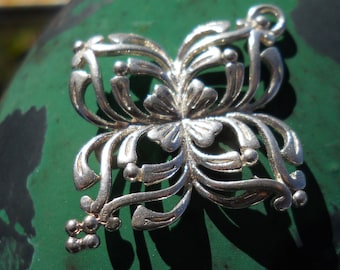 Silver Plated Bronze Drop: Open Work Floral Pendant (35 mm)