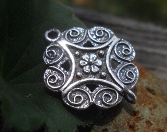 Sterling Silver Floral Connector: Antiqued Scrollwork Medallion (18x23mm)