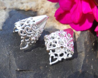 Silver Plated Filigree Cone Caps: Jewelry Findings (Pair)