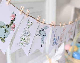 Spring Easter Botanical Bunny Banner - Printable banner flag, instant party printables, bunting banner, party banner, Easter decor