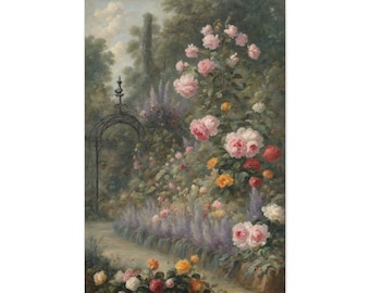 May include: A vertical canvas print of a garden scene. The artwork depicts a pathway leading through a lush garden filled with pink, yellow, and red roses, lavender, and other greenery. An ornate wrought iron archway is visible.