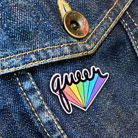 Queer Cursive Font Pride Rainbow Lapel Pin Etsy