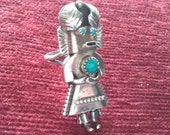 SALE Vintage Sterling Kachina with Turquoise Navajo Native American Elongated Ring Size 6 1 2 Hallmarked Orville Manygoats