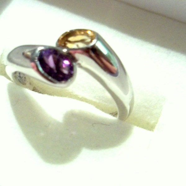 SALE: SIZE 7 1/8 ~ Amethyst & Citrine Gemstone Amethyst (Feb.Birthstone) Citrine (Nov.Birthstone) Bypass Sterling Comfort Band Ring