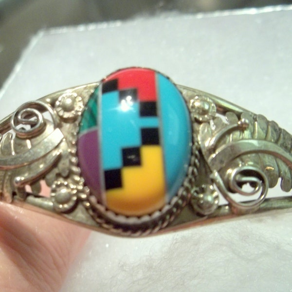 SALE: Beautiful, Delicate Navajo Native American Handmade 925 Sterling Cuff Bracelet with Inlay Stones