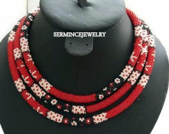 Beautiful Red Necklaces, Red Necklace, Beaded Crochet Statement Necklace, Red Black White Necklace, Unique gifts, Made To Order