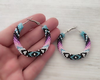 Turquoise Ethnic Style Beaded Hoop Earrings, Geometrik Beaded Earrings,Turquoise Pink Purpel Earrings, Gift for her, 2" Hoop Earrings