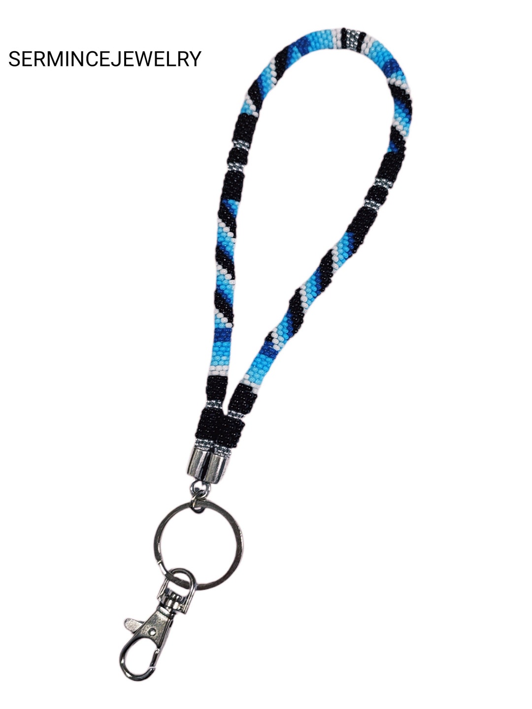 Native American Style Beaded Keychain Wristlet: Handmade Blue Black ...