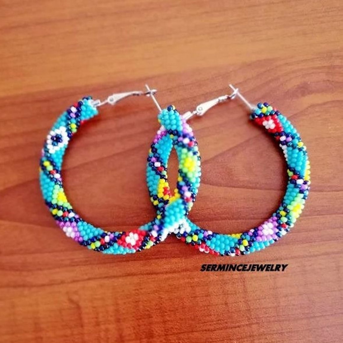 Turquoise beaded hoop earrings Beaded earrings Native Etsy