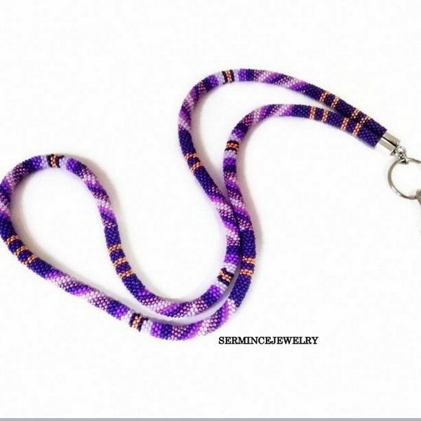 Native American Style Lanyard, Purple Beaded Lanyard, Beaded Badge Holder, ID Holder, Lanyard keychain, Teachers Lanyard, Mothers day gift