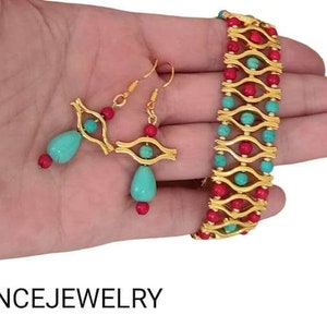 Gold Turquoise Coral Bracelet: Handmade Beaded Jewelry