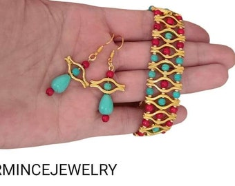 Gold Bracelets, Turquoise Coral Bracelets, Unique Gold Bracelet , Birthday Gift, Mothers Gift , Gift For Her