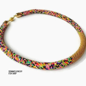 Handmade Crochet Seed Bead Choker: Rainbow Necklace