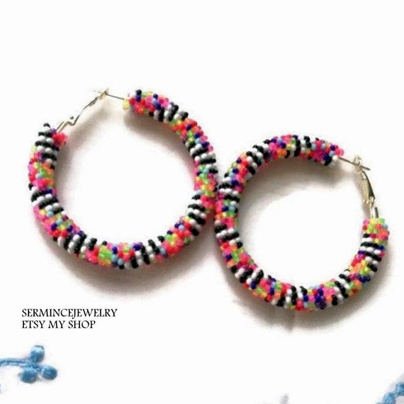 Beaded Hoop Earrings: Native American Style Seed Bead Earrings