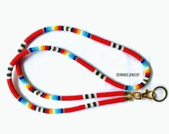 Red Beaded Lanyard: Native-Inspired Teacher ID Badge Holder
