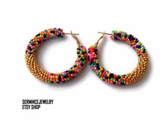 Gold Hoop Earrings , Confetti Seed Bead Hoop Earrings | small Beaded Hoops | Statement Multicolor Hoop Earrings | Unique Gifts