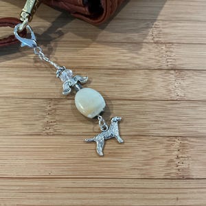 May include: A silver charm with a white stone bead, a silver angel wing charm, and a silver dog charm. The charm is attached to a brown leather purse.