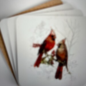 Cardinals Couple Corkwood Coaster Set of 4 for Winter Decor,  Christmas Home Accessories, Seasonal Gifts, Cozy Gatherings, Winter Decor