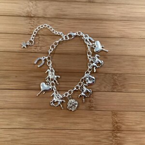 Puede incluir: Pulsera de plata con dijes de caballo, corazón, herradura y estrella. La pulsera está hecha de cadena de eslabones y tiene una longitud ajustable. Los dijes son detallados y añaden un toque caprichoso a la joyería.
