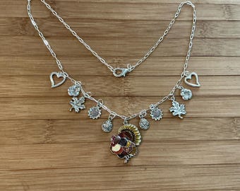 Thanksgiving charm necklace - 24 in stainless hypoallergenic chain, silver charms, holiday jewelry, birthday gift